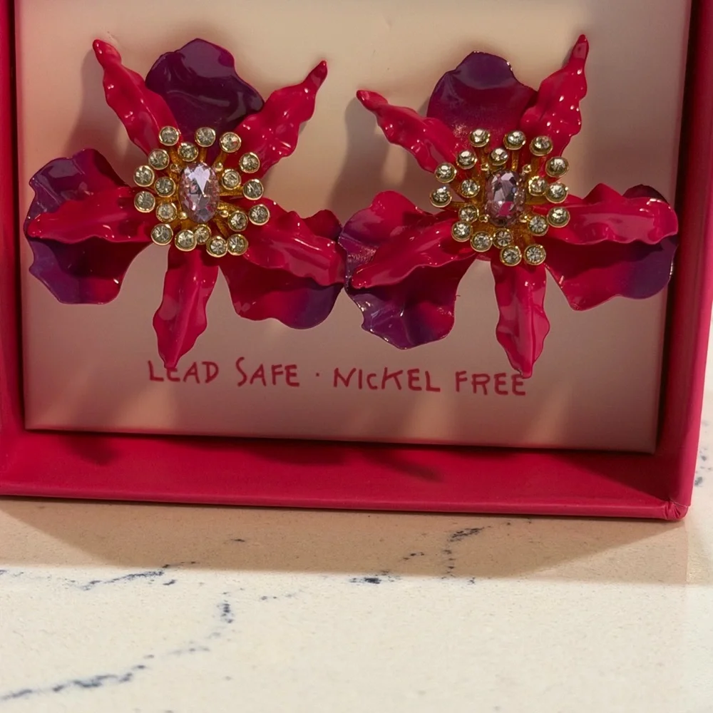 Betsey Johnson Gold Plated Rhinestone Orchid Stud earrings - Picture 2 of 4